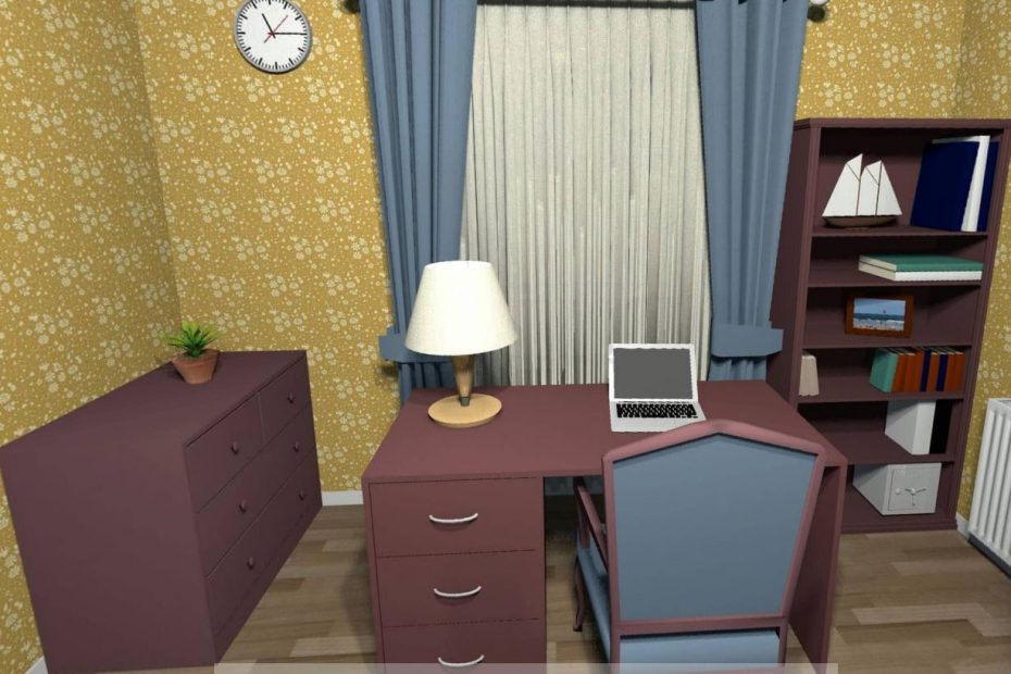 Ein Schreibtisch mit Lampe und Laptop. Auf der rechten Seite ist ein Schrank zu sehen und auf der linken eine Kommode. Alles ist digital gehalten und erinnert an ein Computerspiel. Es ist ein Ausschnitt eines Escape-Rooms, welcher als virtuelle Tour aufgebaut ist.